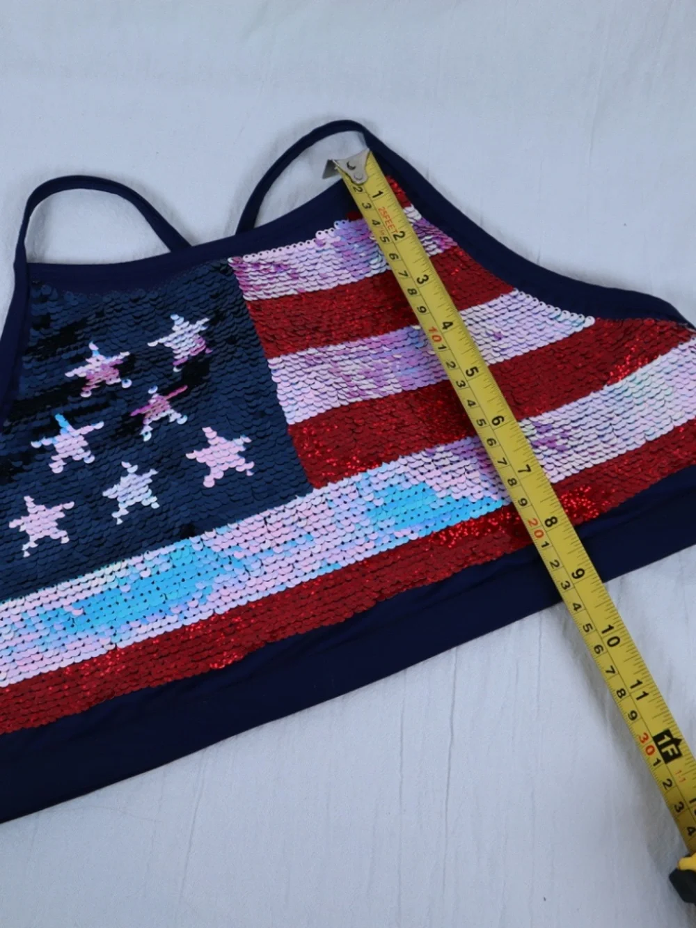 Justice Kid's Size 20 plus American Flag Flip Sequins Swim Top Red/White/Blue
